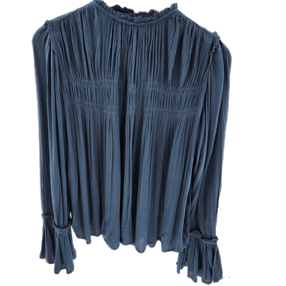 Free People Kelsey Blue Metal Sheer Bell Long Sleeve Peasant Top WomenSize Small